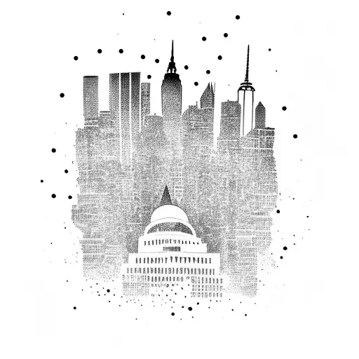 A Dotwork Tattoo Of The Words 'La Scritta Di Hollywood' Surrounded By The New York City Skyline