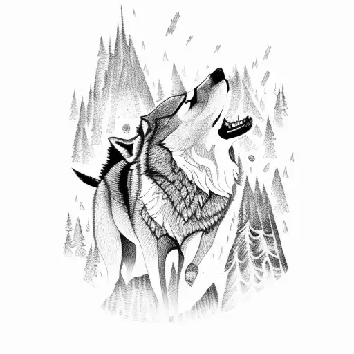 Forest With A Lightning Storm And A Wolf Howling