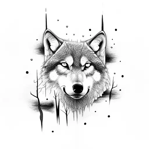 Forest With A Lightning Storm And A Wolf Howling