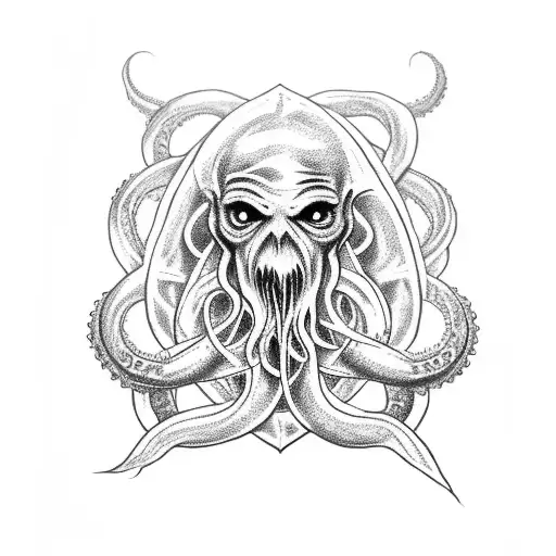 Tattoo Of A Scary Cthulhu Sleeve With Long Tentacles That Wrap Around The Pentagram Ftagn