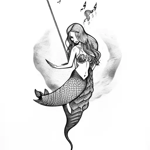 A Mermaid Holding A Wand And Casting Spells Underwater With Music Notes Floating Around Her