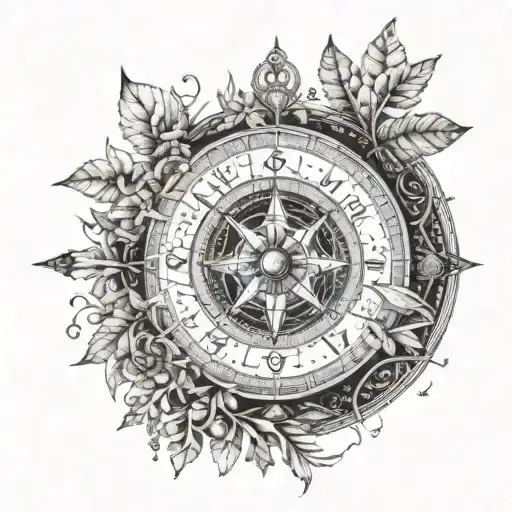 An Intricate Dotwork Design Of A Compass Surrounded By Nature Elements