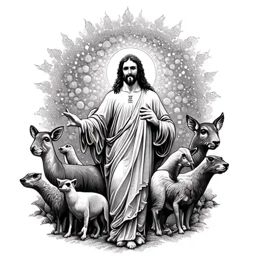 A Tattoo Of Jesus Surrounded By Various Animals