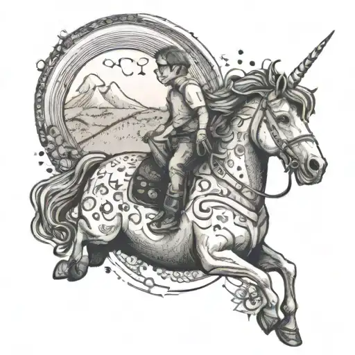 A Child With Glasses Riding A Unicorn Across A Rainbow Bridge