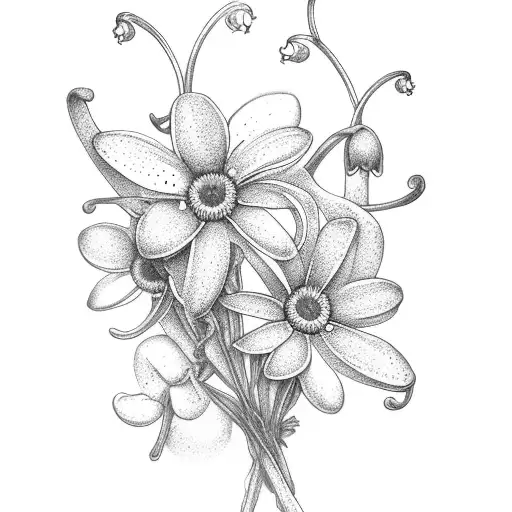Daisy And Lily Of The Valley Intertwined With Eachother In A Bouquet With Stuff Around It