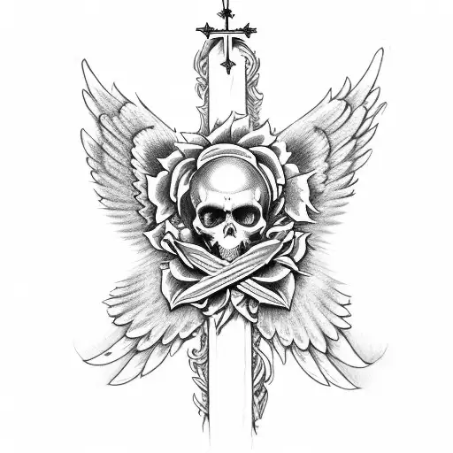 Big Cross With Angel Wings And Roses