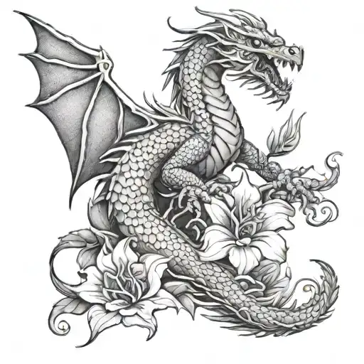 Dragon And Red Flowers