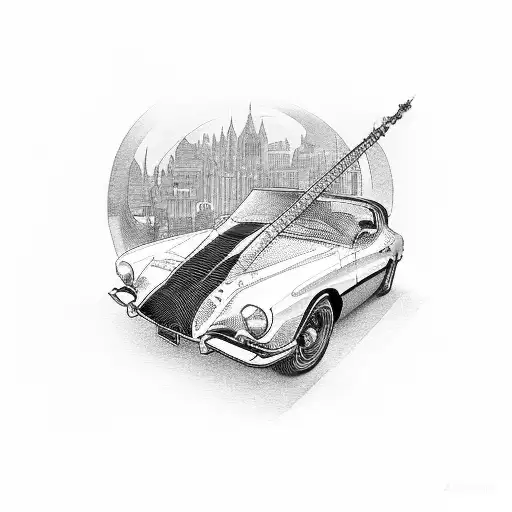 A Vintage Car Driving Through A Cityscape With Musical Notes As The Exhaust