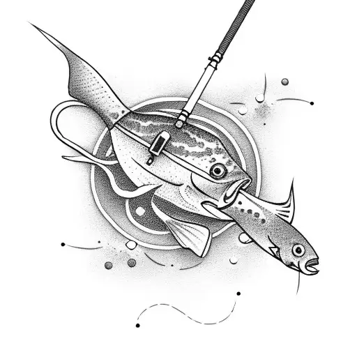 A Dotwork Tattoo Of A Mechanical Fisherman Repairing A Fishing Rod Amidst A Dense Forest