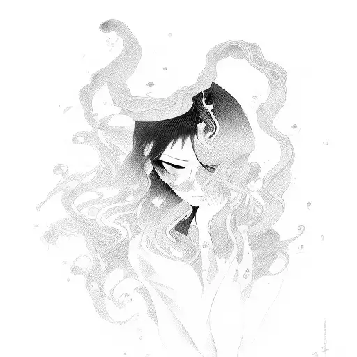A Surreal Portrait Of A Female Anime Character With Flowing Hair