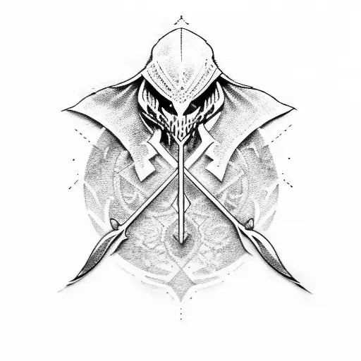 A Dotwork Tattoo Of The Assassin's Creed Symbol Integrated With A Reaper Scythe