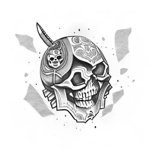 Skull With Oni Mask On Side Of Head With Samurai Sword
