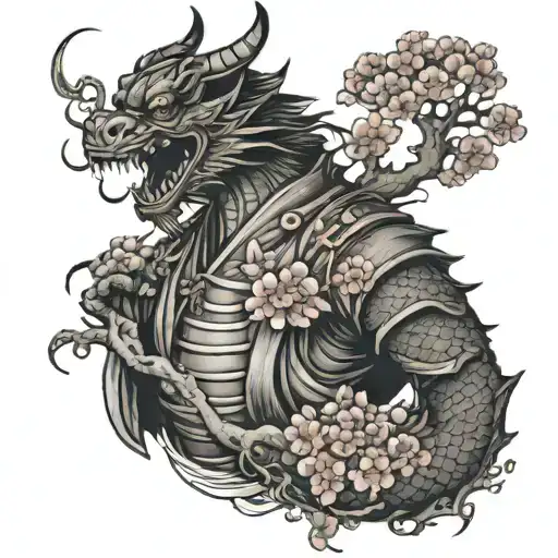 Japanese Samurai With Cherry Blossom Tree Dragon Intertwined