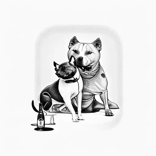 A Tattoo Of A Pitbull And An Akita Dog Sitting Together Under A Money Tree With A Beer Bottle
