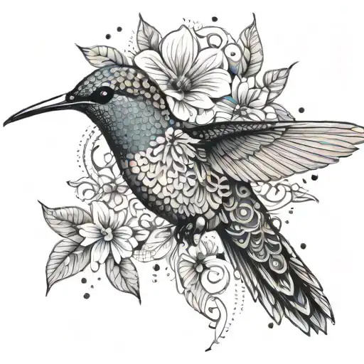 Fine Line Design Of A Hummingbird With Gypsy-inspired Elements And Small Floral Details