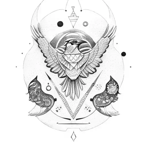 An Orange Raven Surrounded By Astrological Symbols In Dotwork Style