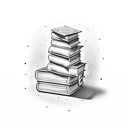 Dotwork Tattoo Of A Stack Of Books With Each Book Representing A Different Genre