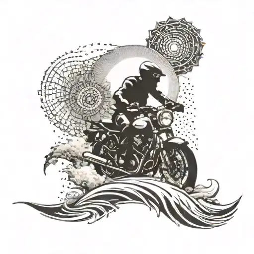 A Dotwork Tattoo Of A Sun Setting Behind A Silhouette Of A Motorcycle On A Beach With Crashing Waves