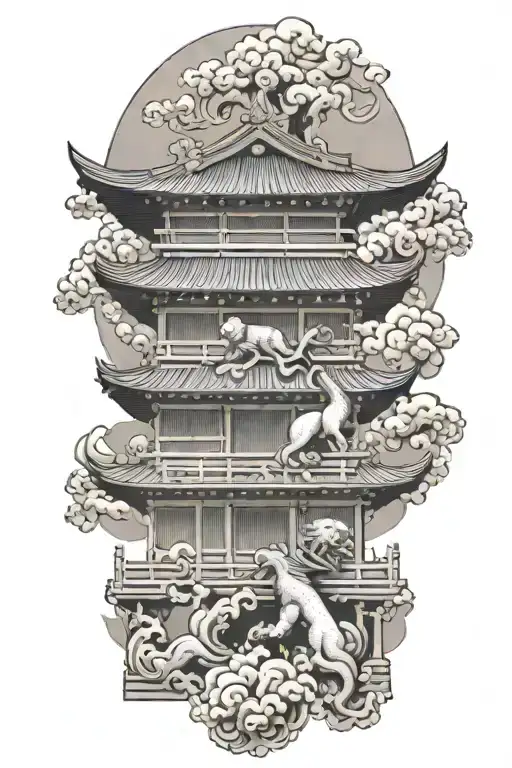 Two Japanese Foo Dog Guarding A Temple Gate Great Wave Off Kanagawa