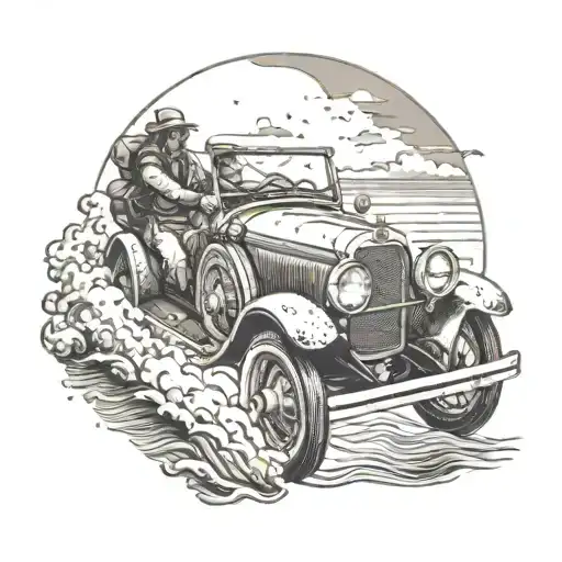 An Adventurous Explorer Driving A Vintage Car Along The Ocean Shore