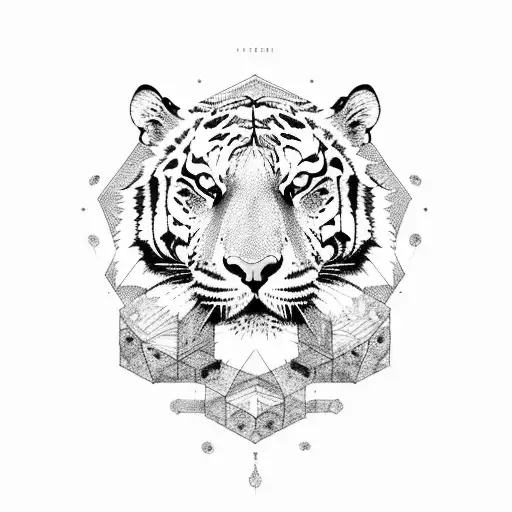 A Majestic Tiger Surrounded By Intricate Geometric Shapes In Dotwork Style