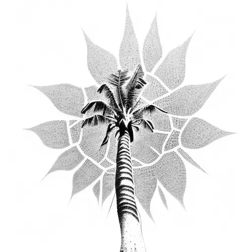 A Dotwork Tattoo Of A Palm Tree On A Tropical Beach With Musical Notes Floating In The Air