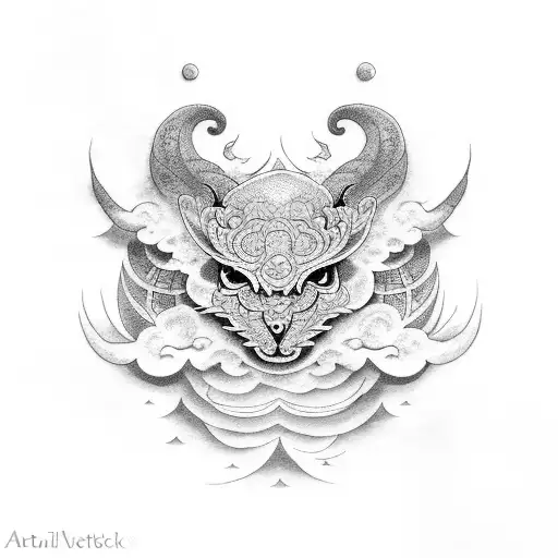 Intricate Dotwork Tattoo Featuring Japanese Cloud Imagery