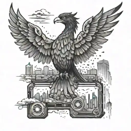 A Phoenix Flying Over A City Skyline Made Of Beer Bottles And Gaming Consoles