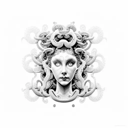 A Dotwork Design Featuring A Graceful Medusa Figure Surrounded By Intricate Floral Patterns