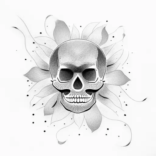 Dotwork Skull Surrounded By Japanese Traditional Peonies