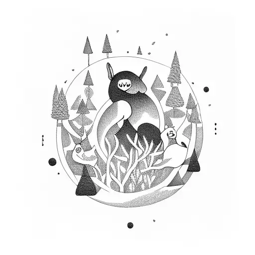 A Minimalist Tattoo Of A Group Of Animals Playing Musical Instruments In A Serene Forest Setting
