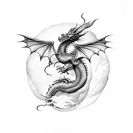 Dragon With Wings In Front Of Moon