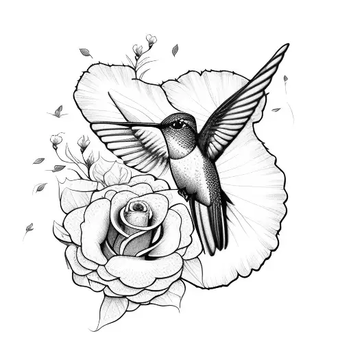 Hummingbird Surrounded By A Hibiscus Flower Accented With Roses