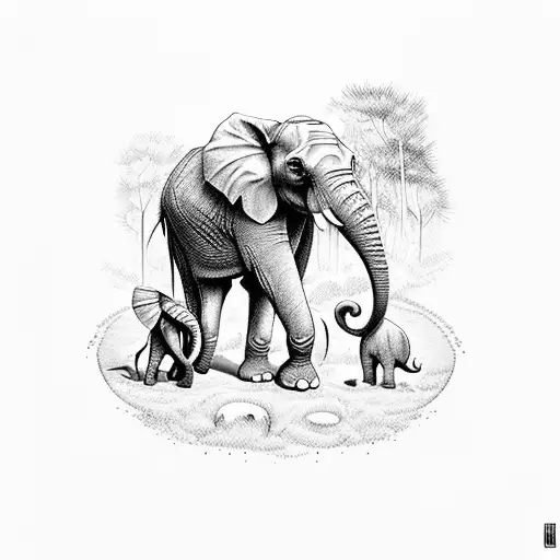 Elephants With Her Kid In The Forest Holding 1 Pound Coin