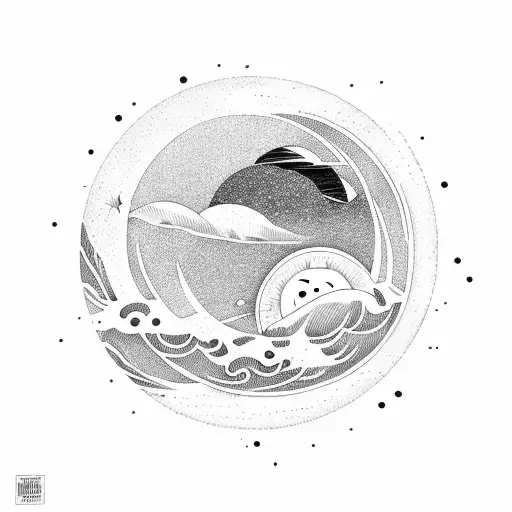 A Celestial Landscape With A Sun And Moon Surrounded By Stars And Waves Crashing On The Shore