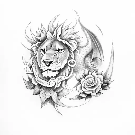 Dragon And A Lion Guarding 5 Roses With 8 Leaves