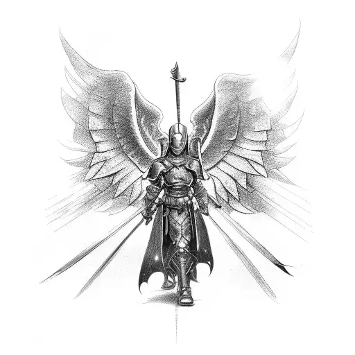 Should Tattoo That Has Shoulder Armor With An Angel Holding A Sword Inscribed On It
