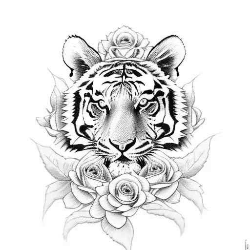 Tiger With Roses And Cross