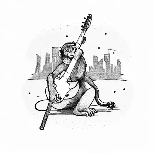 A Silhouette Of A Monkey Playing A Guitar With A Backdrop Of A City Skyline