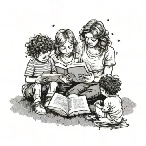 A Dotwork Illustration Of A Mother Reading A Book To Her Children On A Sunny Day