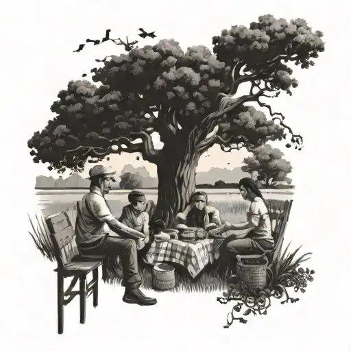 A Picnic Scene With Family And Board Games Under A Tree