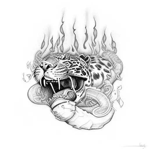 A Jaguar Biting A Gallon Of Gasoline That Sets The Jellyfish's Head On Fire