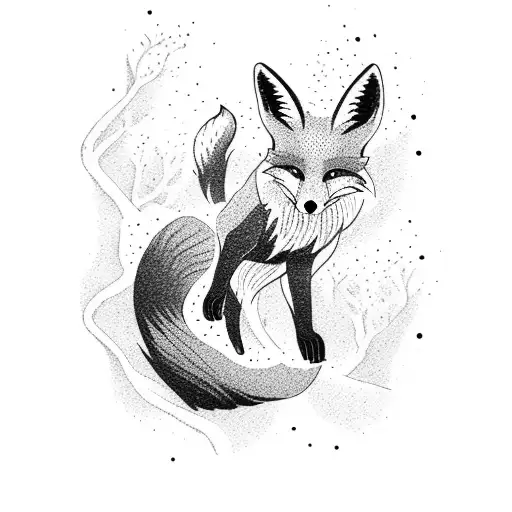 A Dotwork Tattoo Of A Fox Gracefully Leaping Over A Fallen Log In A Serene Forest Setting