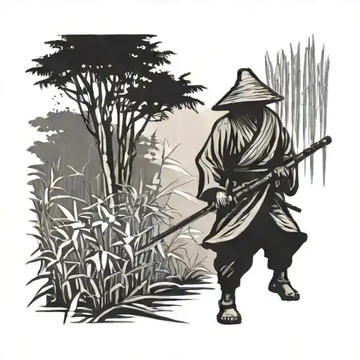 A Minimalist Design Of A Lone Samurai Walking Through A Bamboo Forest