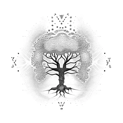 A Dotwork Tattoo Of A Tree Of Life With The Inguz Rune Symbol And Two X's As The Roots