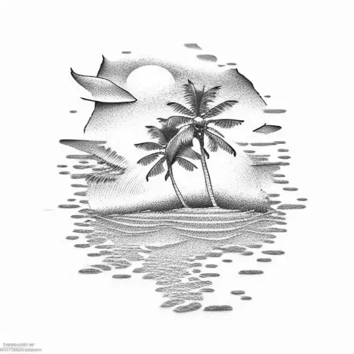 A Serene Beach Sunset With Palm Trees And Flowers In Dotwork Style
