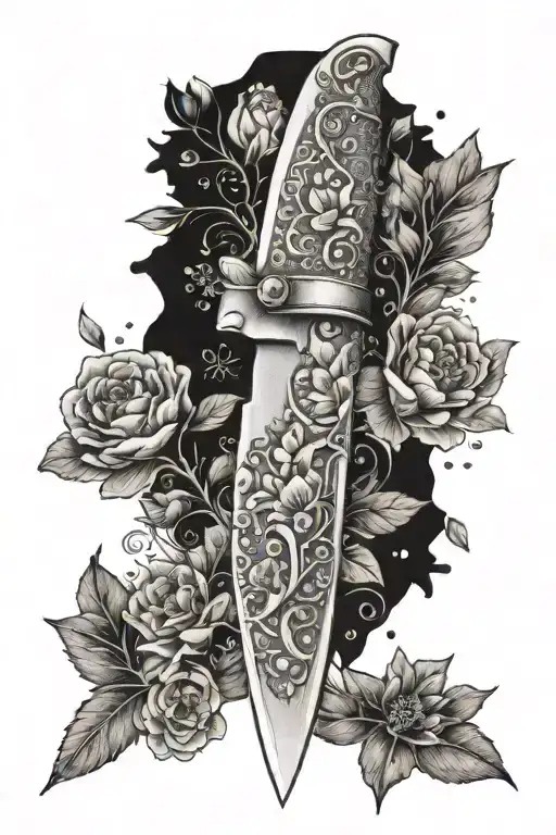 A Chef's Knife Surrounded By Beautiful Flowers In A Dotwork Style