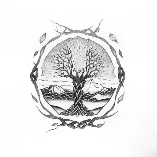 Celtic Tree Of Life With A Mountain On The Base Which Look Like An M