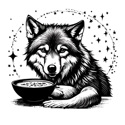 A Dotwork Tattoo Of A Wolf Enjoying A Bowl Of Soup Under A Starry Night Sky