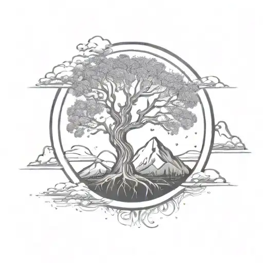 Tree Of Life In A Circle With Mountains In The Background And Sun Shading Around The Outside